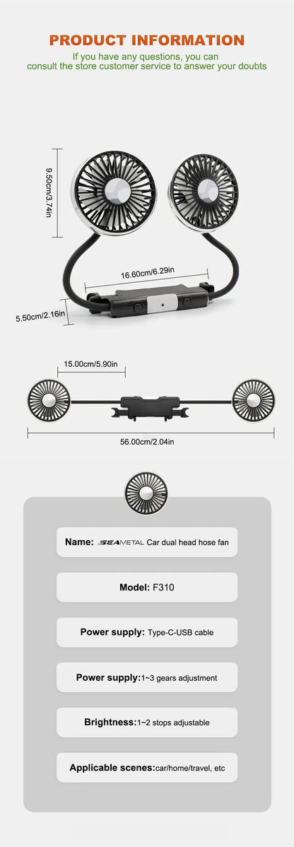 SEAMETAL Dual Head Car USB Fan Cooling Air Fan 3-Speed 360 Degree Adjustable Auto Headrest Fan for Summe Car Accessories
