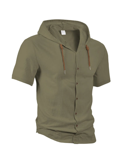 Men's Hooded Button Down Shirt Short Sleeve Linen Look Casual Top Drawstring Summer Beach Vacation Shirt 2026