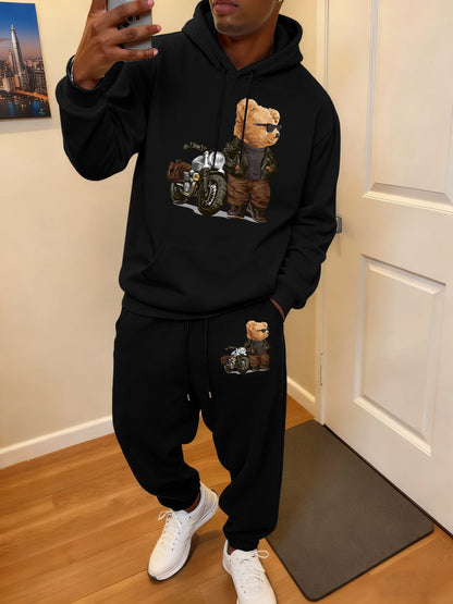 Ride Motorcycle Jacket Cool Bear Print Men Hoody Suit Fashion Autumn Sweatshirts All-Match Casual Sweatpant Comfy Jogging Pants