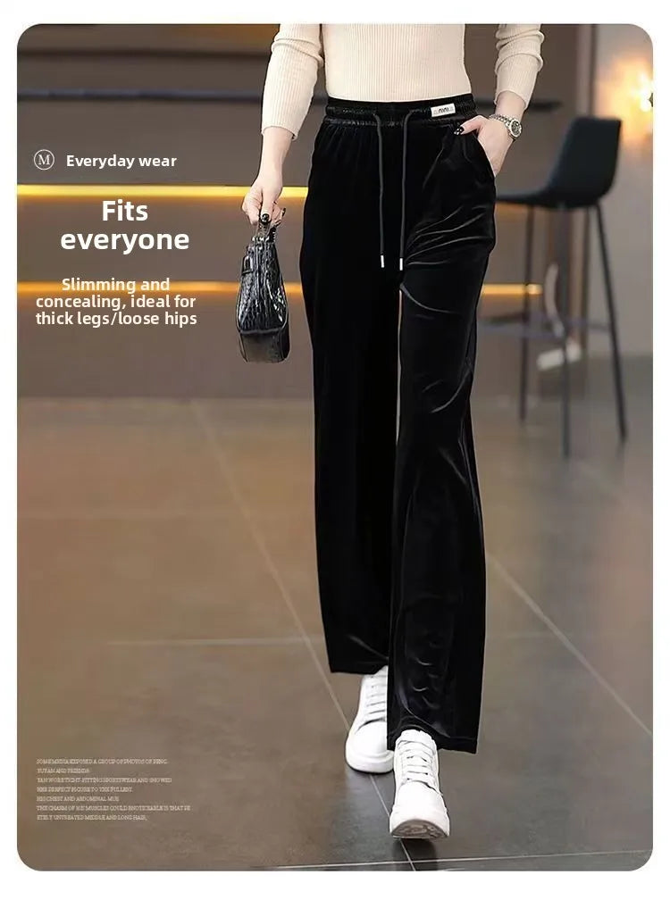 Fashionable Gold Velvet Wide Leg Pants Women's Winter Loose Slimming High Waist Fleece Casual Straight Long Trousers