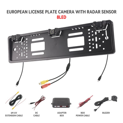 3 in 1 Car Backup Camera and Parking Sensor Kit with EU License Plate Holder, 12V Universal Rear View System with Audio Alerts