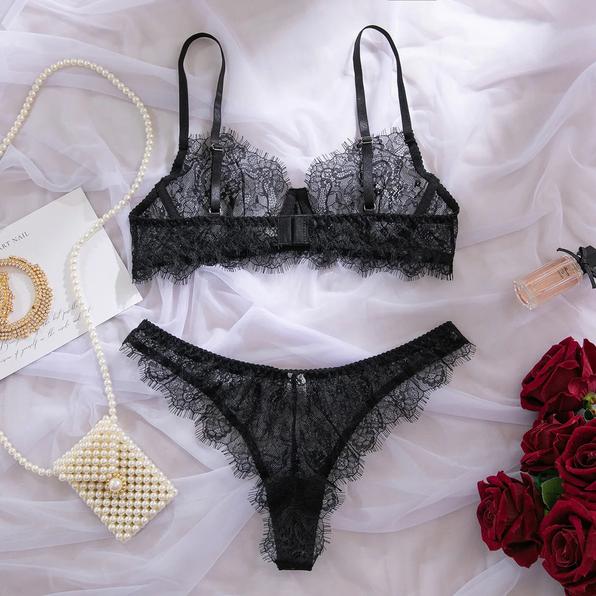 Ellolace Solid Women's Lingerie Sets Elegant Eyelash Lace Bra Panty 2PC Seductive See Through Intimate Willowy Sexy Underwear