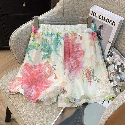 Casual Cotton Linen Fashion Set Women Loose Versatile Belted Sun Protection Shirt Shorts Superb Floral Colors High Quality