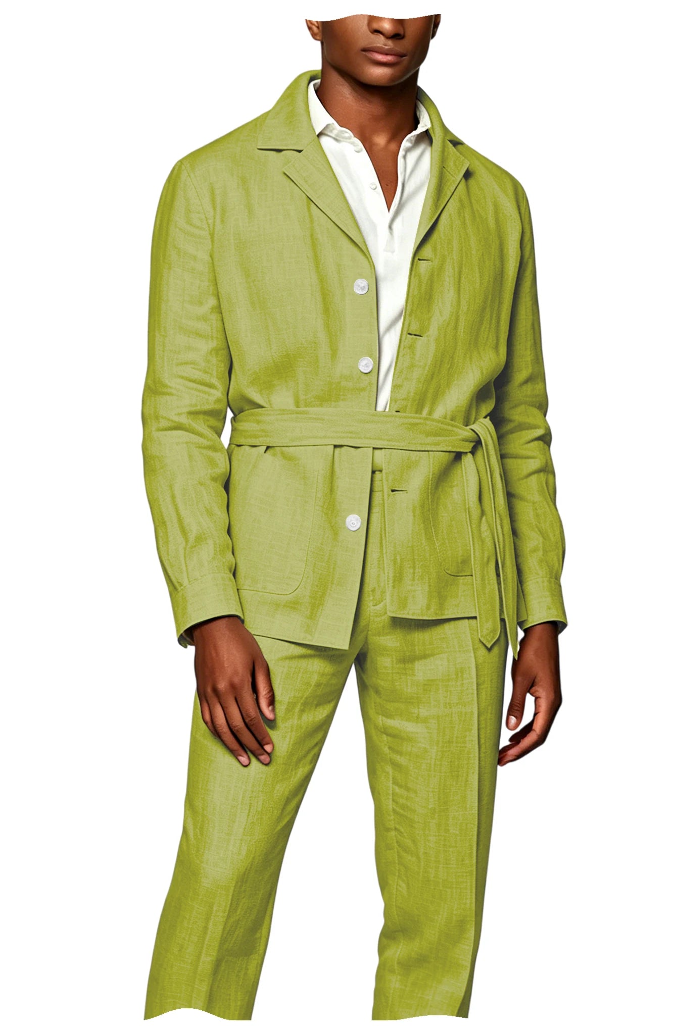 Men's Linen Belted Suit 2 Piece Set Casual Breathable Blazer & Pants Summer Lightweight Business Casual Outfit for Wedding Beach