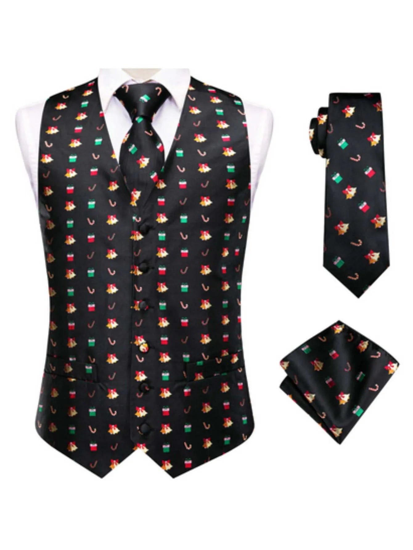 Men's Christmas Print Vest 3-Piece Set: Vest, Tie, Pocket Square, Red Blue Green Yellow for Holiday Parties
