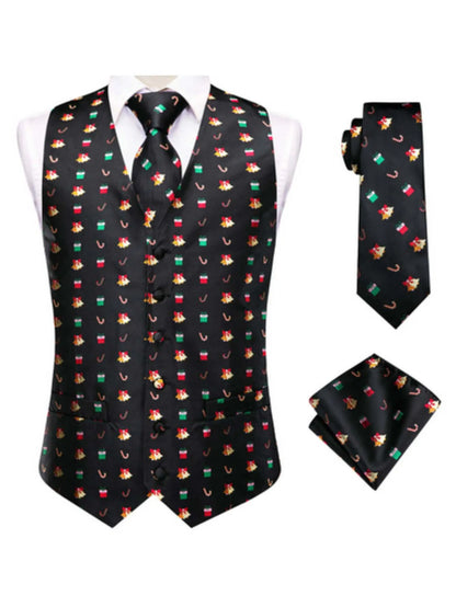 Men's Christmas Print Vest 3-Piece Set: Vest, Tie, Pocket Square, Red Blue Green Yellow for Holiday Parties