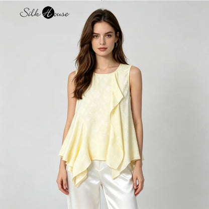 2026 Women's Fashion Summer New 100% Natural Mulberry Silk HuaLuo Beige Irregular Breathable Round Neck Sleeveless Tank Top