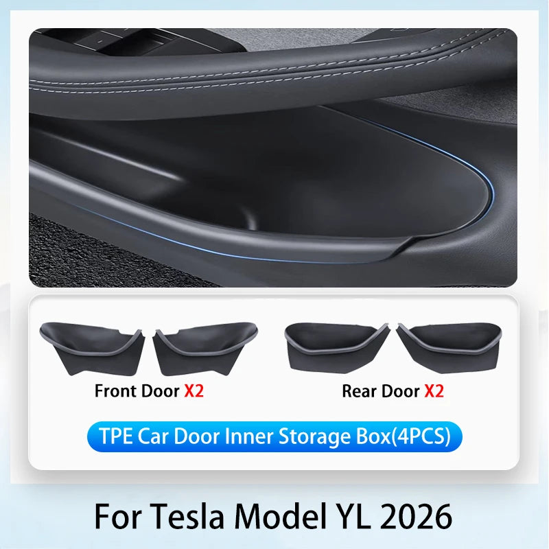 For Tesla Model YL Launch 2026 TPE Door Side Storage Box Front Rear Door Slot Organizer Tray Protector Model YL Door Storage Box