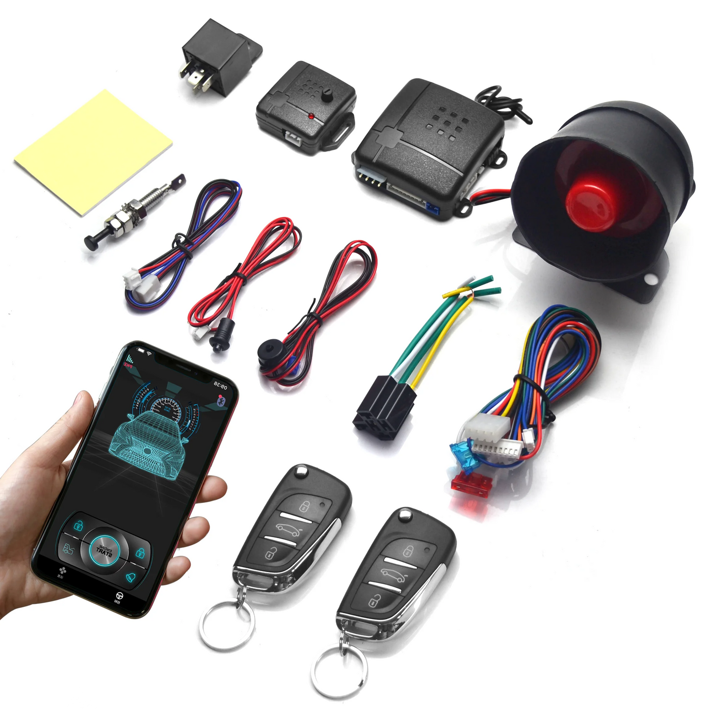 Universal Car Alarm System with Bluetooth App Control 2 Remote Keys Remote Door Locks Keyless Start System Accessories