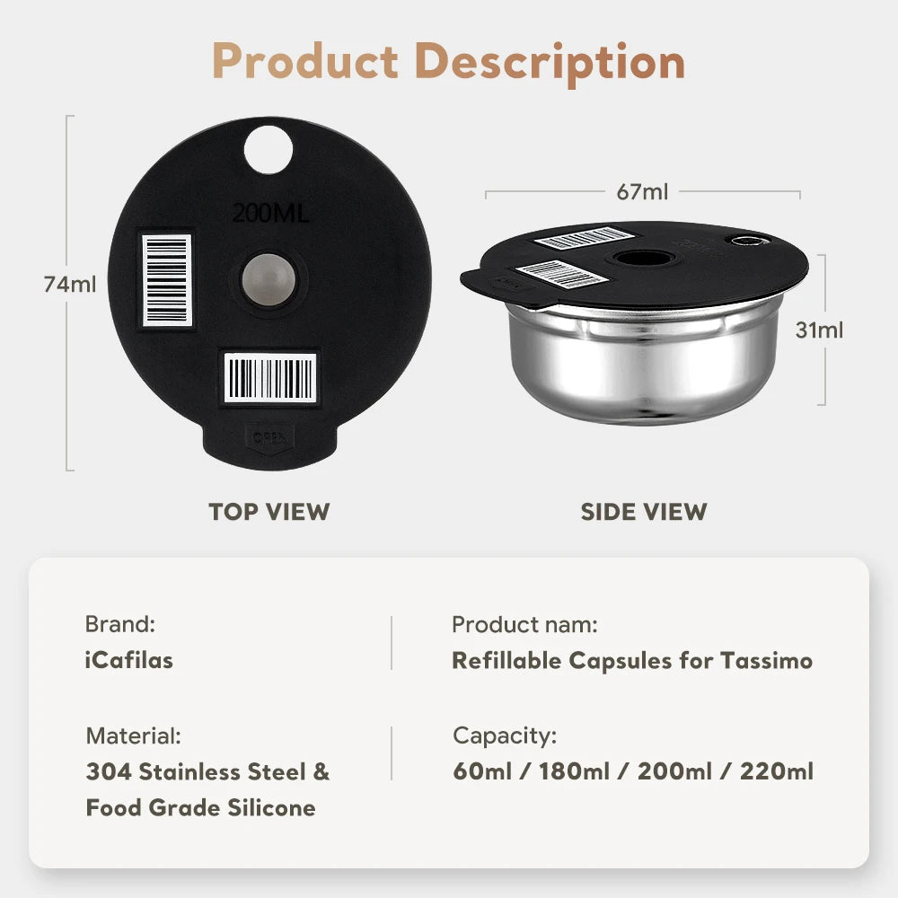 Stainless Steel Reusable Tassimo Coffee Pod Refillable Coffee Capsule for Bosch Tassimo Maker 60 180 200 220ML Silicone Lid