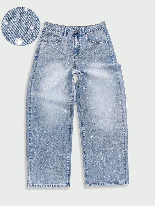 Men's Jeans Street Loose Printed Denim Trousers Hip Hop Going Out Hot Diamond Rhinestone Wide Leg Pants Y2K Clothing