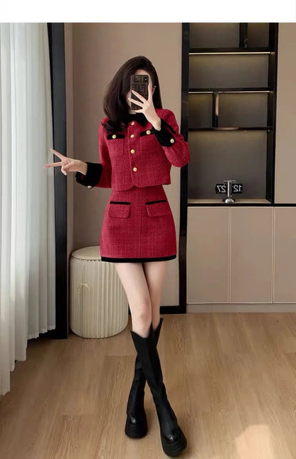 High-End  Style Women's Outerwear Set Autumn Winter New Design High Waist  Skirt Two-Piece Suit Fashionable And Warm