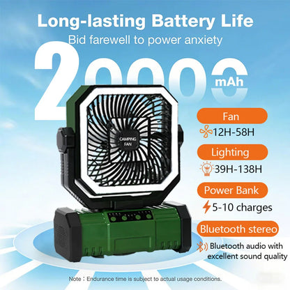 Outdoor Camping Fan 20000mAh Rechargeable Fan  with LED Lantern & Remote for Fishing Travel, 4 Speeds 8H Timer, Hanging Hook