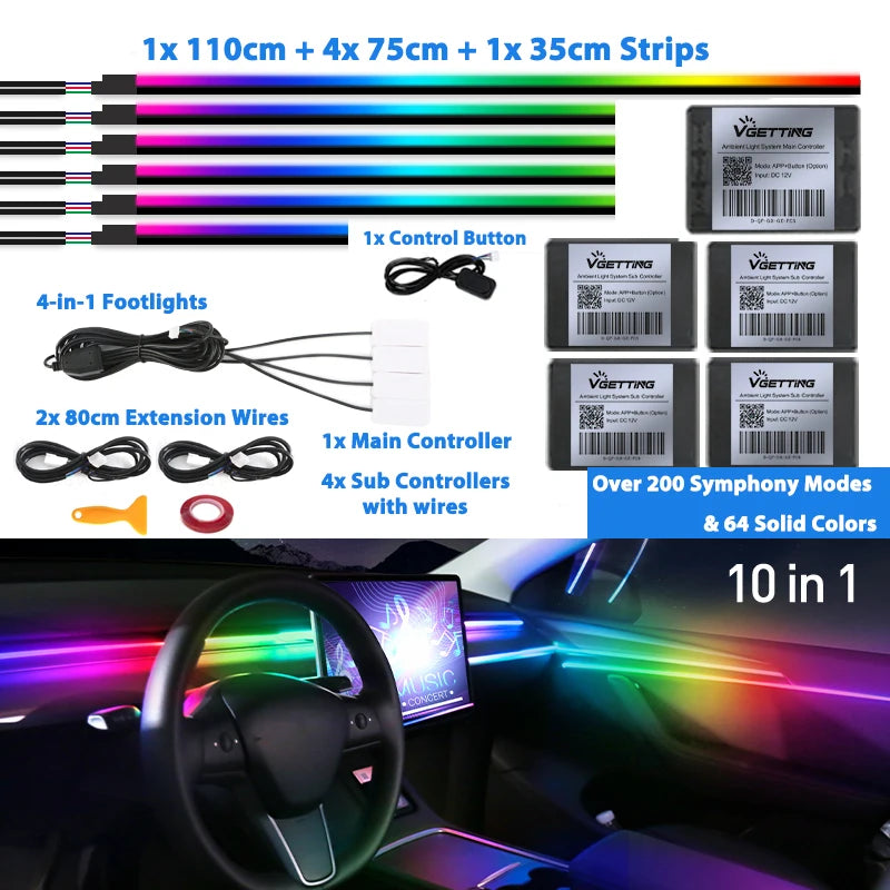 6/18/22 in 1 Led Acrylic Car Ambient Light RGB 64 213 Color Symphony Acrylic APP Streamer Rainbow Atmosphere Lamp Kit Dual Zone