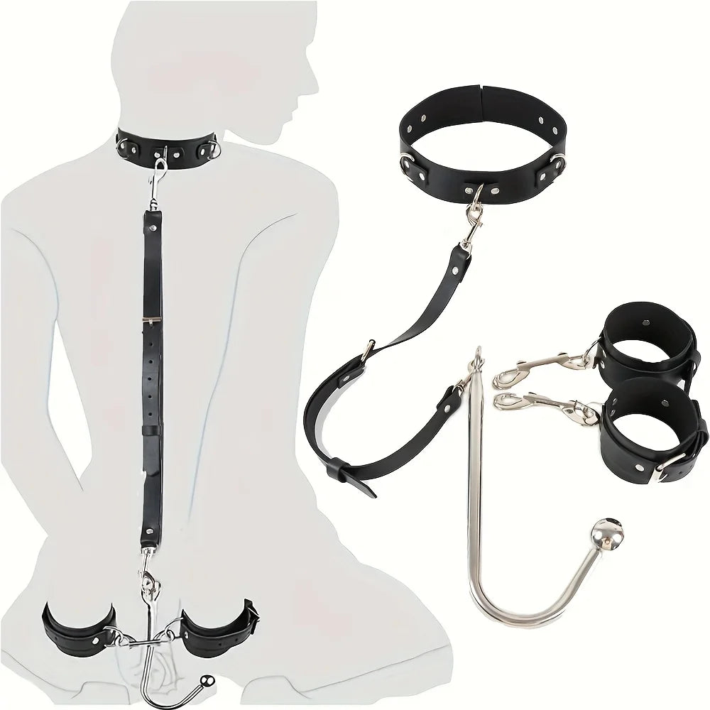 1set, BDSM adjustable anal hook set, leather collar handcuff straps, BDSM removable multiple play accessories, adult sex toys