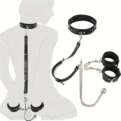 1set, BDSM adjustable anal hook set, leather collar handcuff straps, BDSM removable multiple play accessories, adult sex toys