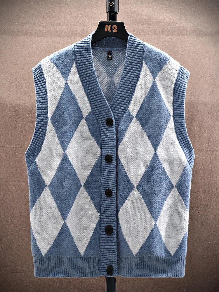 Autumn Winter Men Casual Checkerboard Comfortable Versatile Breathable Warm Vest Cardigan New Men Sports Leisure Warm Knit Vest