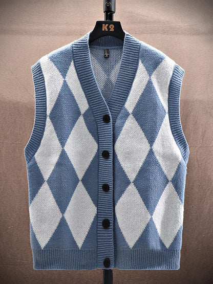 Autumn Winter Men Casual Checkerboard Comfortable Versatile Breathable Warm Vest Cardigan New Men Sports Leisure Warm Knit Vest