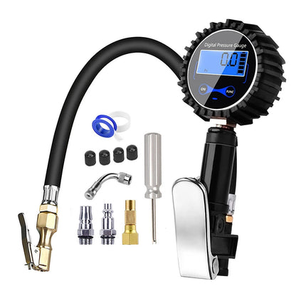 250PSI Digital Tire Pressure Inflator Gauge Aluminum Alloy Tire Pressure Gauge Air Line Clip-on Tyre for Motorcycle Bicycle Auto