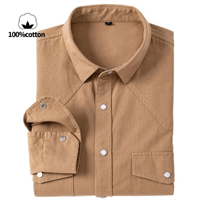 100% Cotton Workwear Shirt Jacket, Korean Snap Button Design, Enzyme Wash Vintage, Khaki Black Grey Beige S-4XL