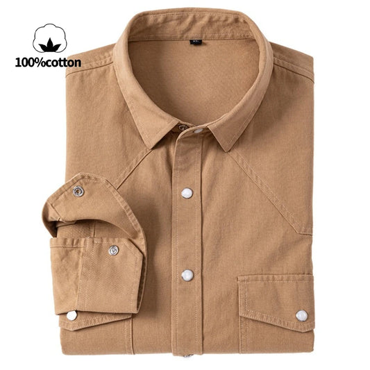 100% Cotton Workwear Shirt Jacket, Korean Snap Button Design, Enzyme Wash Vintage, Khaki Black Grey Beige S-4XL
