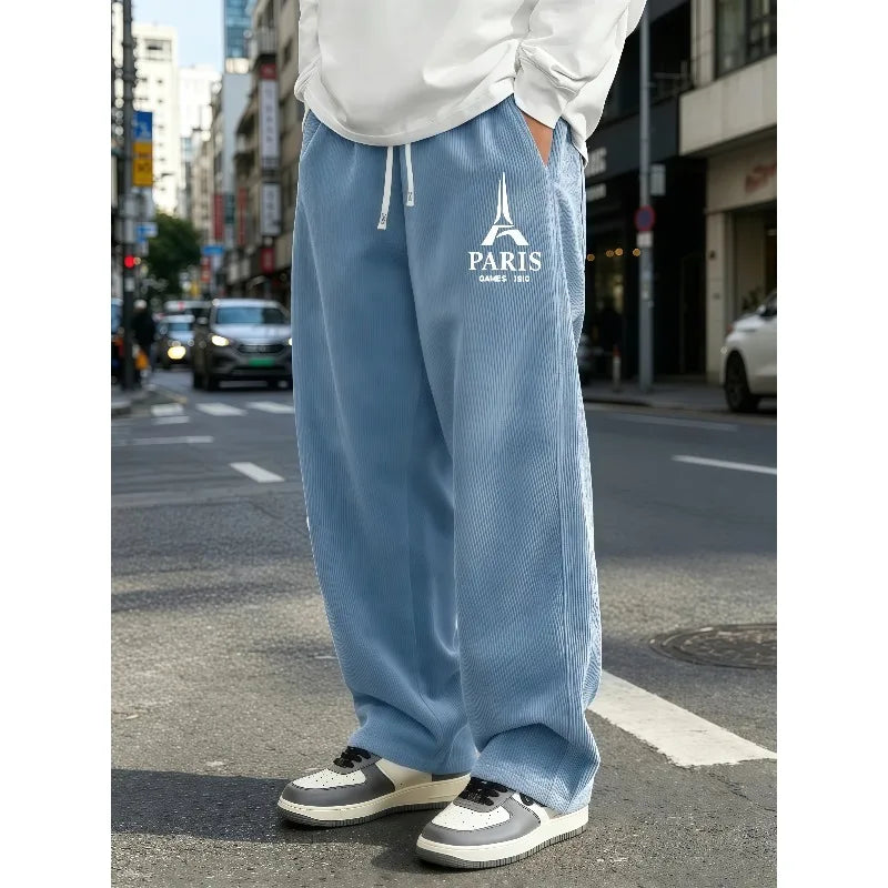 Mens Corduroy Wide Leg Trousers Elastic Drawstring Waist Eiffel Tower Letter Print Loose Straight Casual Street Pants S-4XL