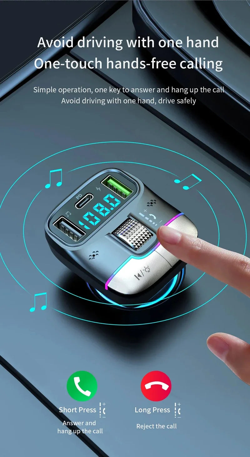 FM Transmitter Bluetooth 5.4 Hands-Free Portable Car AUX Radio Modulator MP3 Player with Fast Charging Adapter