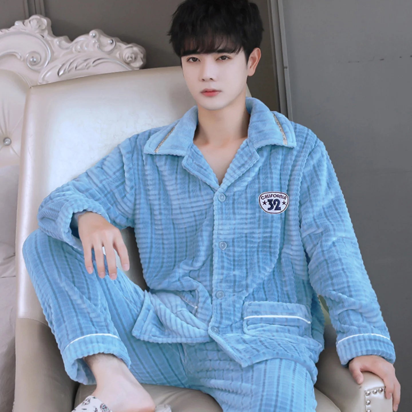 Men's Thickened Flannel Pajamas Coral Fleece Home Clothes Cardigan Set Long Sleeve Long Pants Soft Warm Winter Autumn Sleepwear