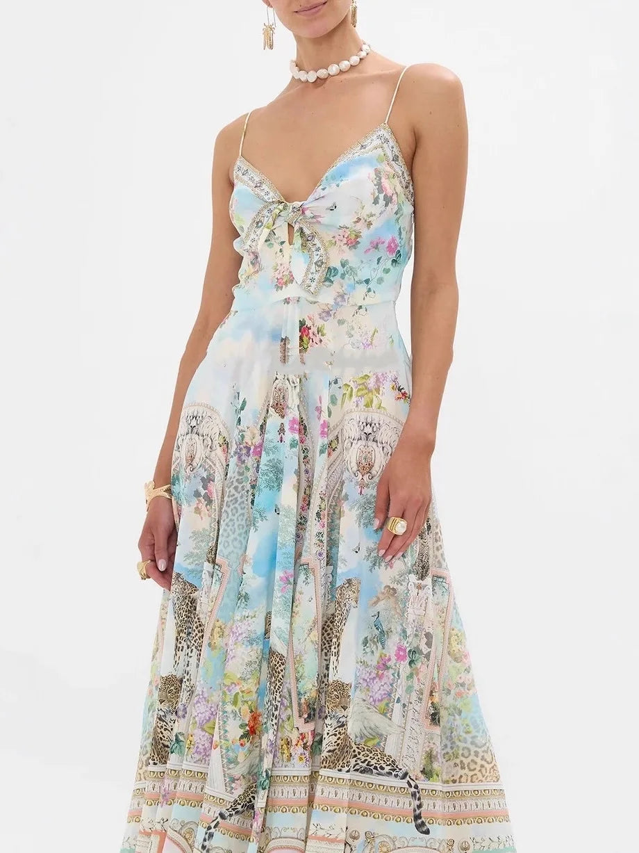 Sexy Strapless Printed Holiday Dress CML Australian Retro Oil Painting Print V-Neck A-Line Midi Dress Polyester Fiber Summer