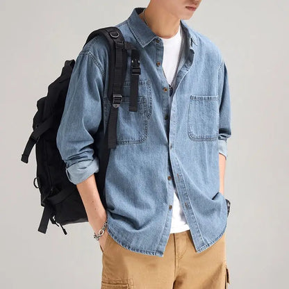 Denim Shirt Men's Long Sleeve Spring and Autumn Boys Japanese Retro Ruffian Handsome Tooling Shirt Gown Casual Jacket Men