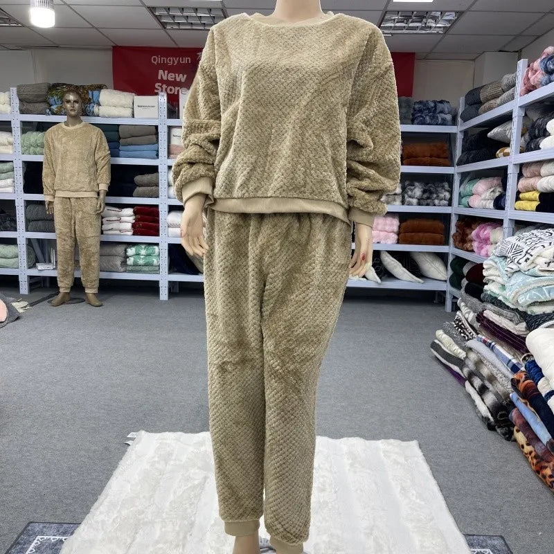 Couples Flannel Sleepwear Hooded Home Clothes Set Men Women Casual Warm Long Sleeve round Neck Wide Leg Pants Comfortable