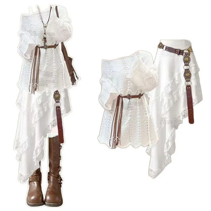 Spring and Autumn Fashion Casual Knitted Top+Bohemian White Dress Elegant Women's Two Piece Set
