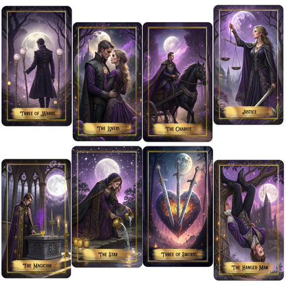 Purple Moon Tarot Cards Set, 78 Pieces, 13x8 Cm, Includes Paper Instructions, Perfect for Beginners, Enter Mystical Realm