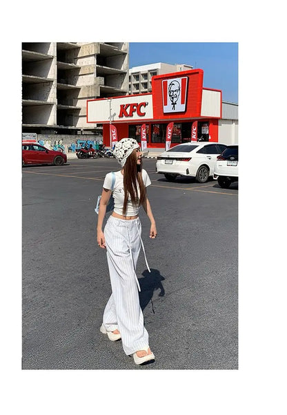 High-waist loose wide-leg pants, spring and summer new drawstring vertical striped versatile straight-leg casual pants for women