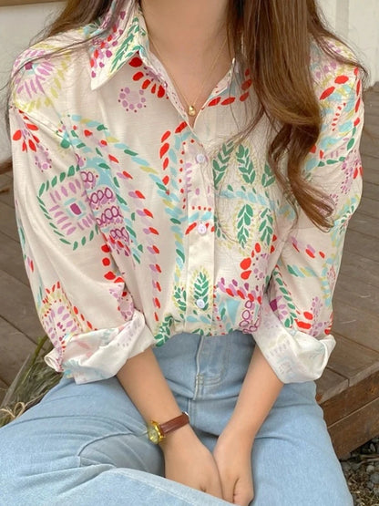 Chic Women's Shirt Vintage Gentle Loose Design Sensation Elegance Korean Style Long Sleeve  Collar Print Casual Fashion