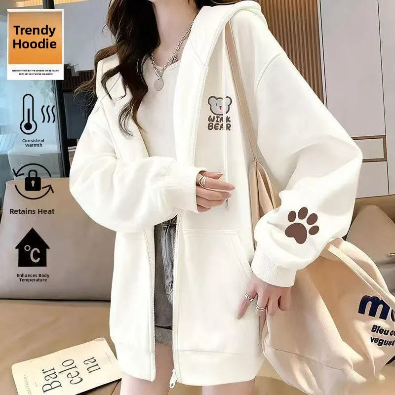 Korean Style Fleece Lined Oversized Hooded Cardigan Women's Autumn Winter Zipper Cartoon Print Top Coat Trendy Streetwear