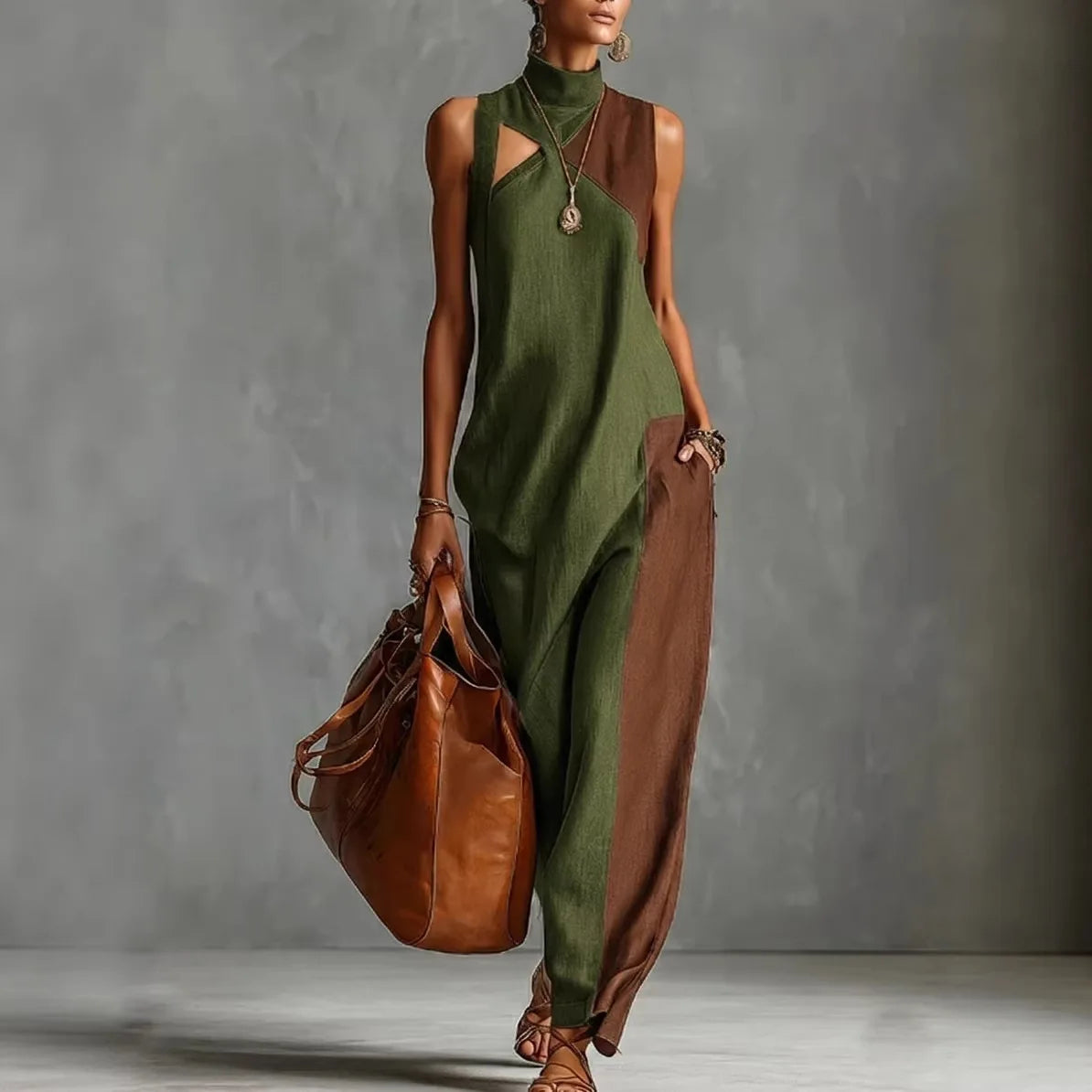 Bohemian Women's Long Dress Summer Color Block Beach Tank Dress Loose Casual High Neck Cutout Maxi Dresses Streetwear Colthing