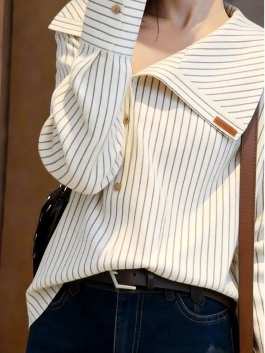 Elegant Unique Stylish Spring 2026 Casual Shirt Design Sensation  Personality Long Sleeve Striped Navy Collar Loose Fit