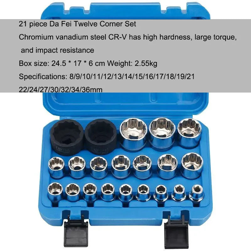 21 Pcs 1/2 Hexagon Torx Sockets Set Ratchet Wrench Tool 8-36mm Specification Socket Head Set Auto Repair Equipment