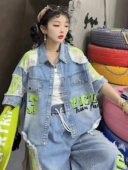 Casual Lace Hollow out Patchwork Summer New Women's Outfit Loose Top with Digital Letter Print Matching Long Pants