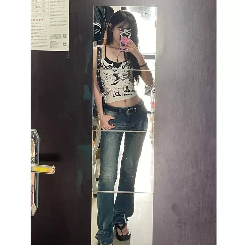 Sexy Y2K Spicy Girl  Strap Vest Women Summer American Short Print Sleeveless Top Inner Wear Commute Style Slim Fit