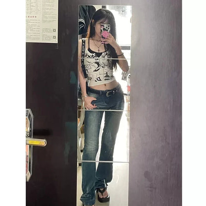 Sexy Y2K Spicy Girl  Strap Vest Women Summer American Short Print Sleeveless Top Inner Wear Commute Style Slim Fit