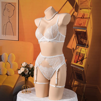 Ellolace Solid Lingeries Sexy Hot Elegant Bra Belt Thong 3PC with Leg Circles Cute Intimate Seductive Lace Tempted Underwear