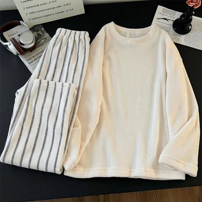 Men's Coral Fleece Pajamas Thickened Flannel Home Clothes Set Casual Loose Fit Autumn Winter Warm Sleepwear round Neck Sweats...