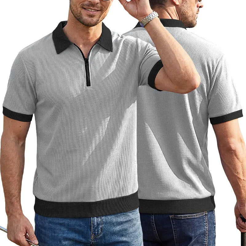 Men's Zip Polo Shirt Short Sleeve Contrast Trim Textured Casual Top 2026