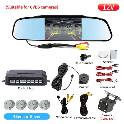 Rearview Mirror Reverse Radar 4 Probes Anti-dazzling Original Fit Parking Monitor Detector Auto Safety Auxiliary System