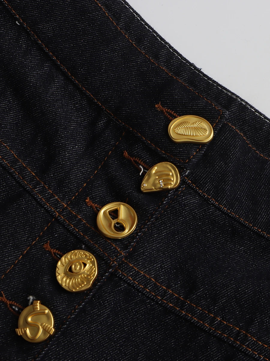 VGH Solid Spliced Button Loose Denim Two Piece Sets For Women Lapel Long Sleeve Top High Waist Pants Chic Set Female Fashion
