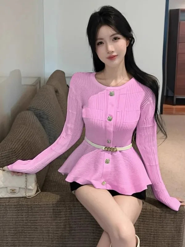 Elegant Single-Button Knitted Sweater Women Early Autumn New High-End Pleated Waist-Cinching Slimming Top French Style