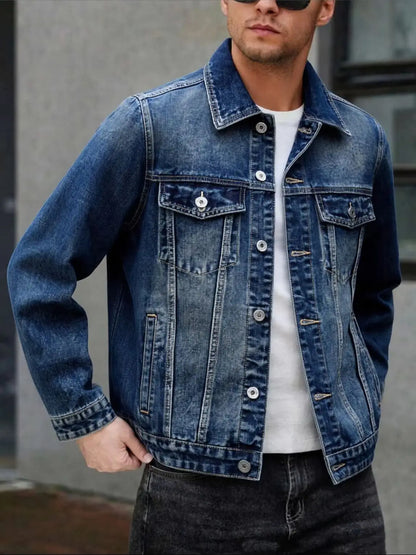 American style multi pocket denim jacket for men blue grey vintage washed loose fitting versatile trendy workwear jacket