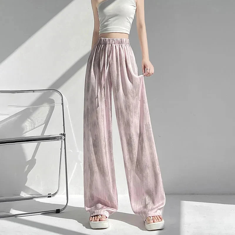 Summer Thin Ice Silk Satin Dyed Wide Leg Pants Women Loose Casual Drape High Waist Slimming Pants Ins Straight Leg Elastic Wa...